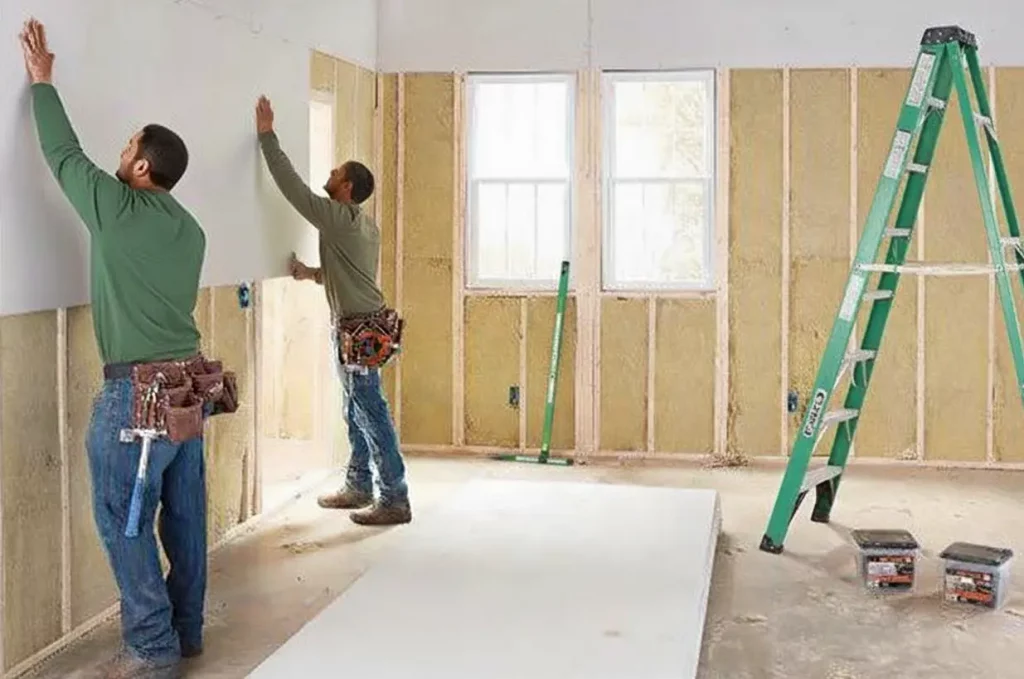 Bridger Design + Build team installing drywall panels during interior renovation